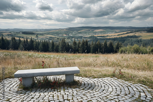 Serene Landscape With Granite Bench Among Natural Elements
