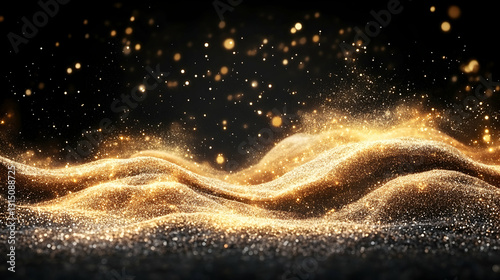 Shimmering, golden particulate waves against dark background create luminous, abstract landscape