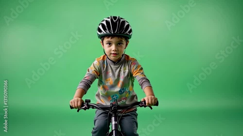 Young boy riding a bicycle on a green screen background, isolated for editing and compositing  
 green screen background 