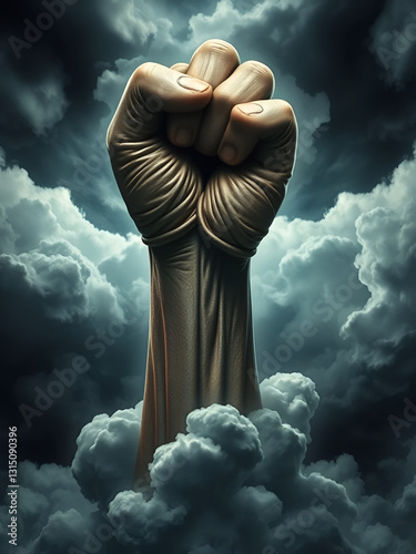 powerful clenched fist of god emerges from ominous storm clouds, symbolizing strength and determination in the face of chaos.
