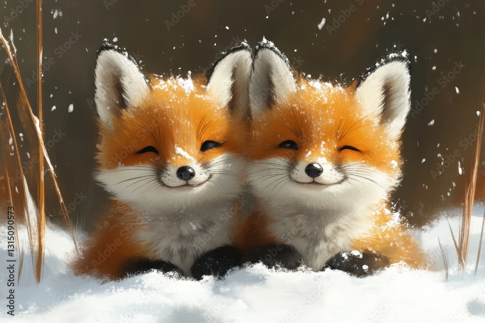 Fototapeta premium Playful twin foxes resting in the snow during a winter day in a serene forest setting