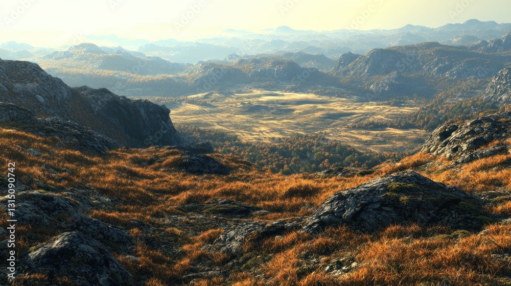 Naklejka premium Autumn mountain valley vista from high peak
