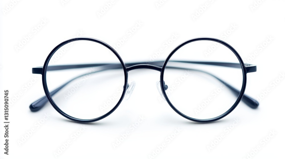 A stylish pair of reading glasses with a thin metallic frame on a white isolated background A stylish pair of reading glasses with a thin metallic frame on a white isolated background