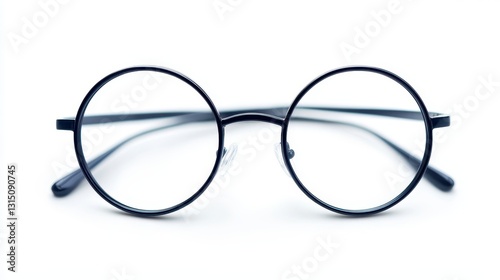 A stylish pair of reading glasses with a thin metallic frame on a white isolated background
