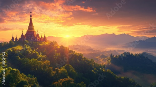 Pagoda Sunrise on Lush Hillside