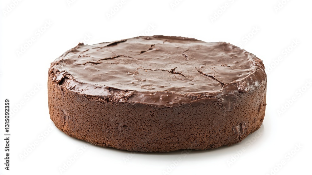 A freshly baked chocolate cake with a rich ganache frosting on a white isolated background A freshly baked chocolate cake with a rich ganache frosting on a white isolated background