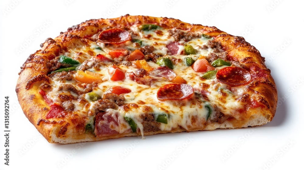 A slice of homemade pizza with melted cheese, pepperoni, and vegetables on a white isolated background A slice of homemade pizza with melted cheese, pepperoni, and vegetables on a white isolated background