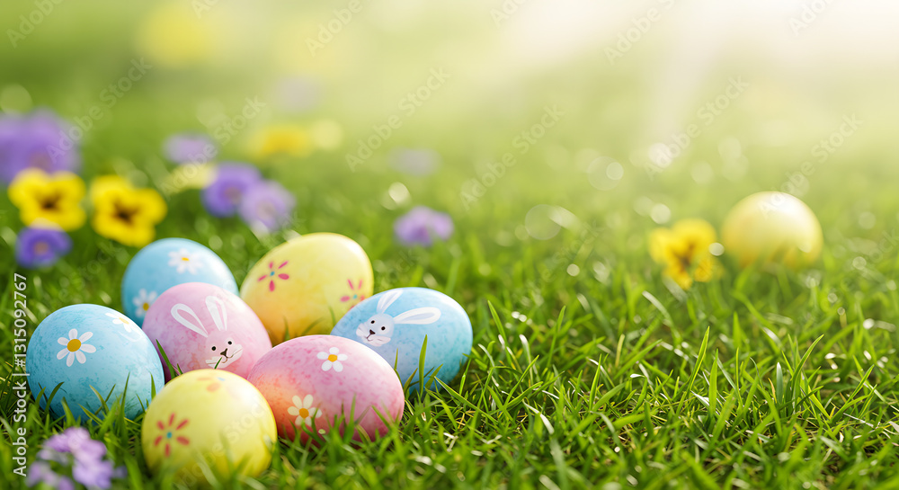 Fototapeta premium Colorful Easter Eggs in Green Grass with Flowers