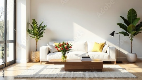 Modern living room interior design showcasing sunlight streaming through a large window, illuminating a minimalist white sofa, wooden coffee table, and potted plants.
