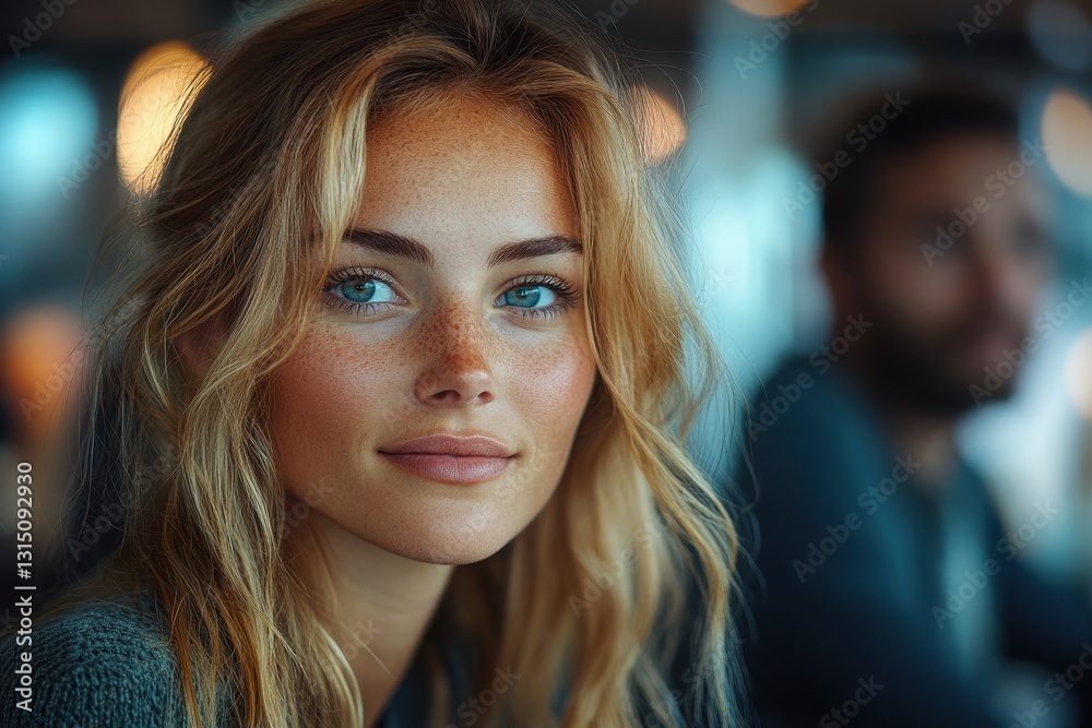 Obraz premium A young woman with beautiful blue eyes and freckles sits in a cozy cafe, exuding warmth and charm
