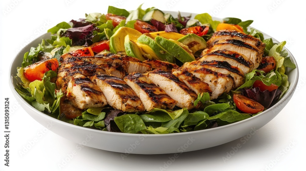 A vibrant salad with grilled chicken, avocado, and mixed greens on a white isolated background A vibrant salad with grilled chicken, avocado, and mixed greens on a white isolated background