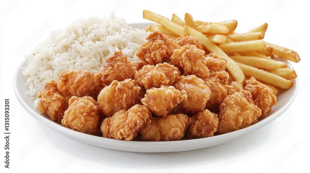 A plate of crispy fried chicken with golden-brown fries on a white isolated background A plate of crispy fried chicken with golden-brown fries on a white isolated background