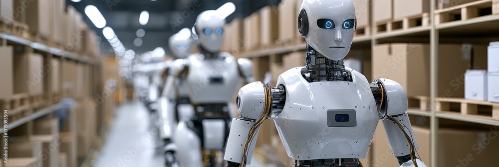 A line of white humanoid robots are seen in a factory setting, indicating advanced automation and efficiency amid stacks of cardboard boxes. A line of white humanoid robots are seen in a factory setting, indicating advanced automation and efficiency amid stacks of cardboard boxes.