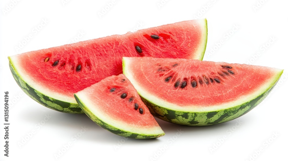 A fresh watermelon sliced into wedges with a refreshing look on a white isolated background A fresh watermelon sliced into wedges with a refreshing look on a white isolated background