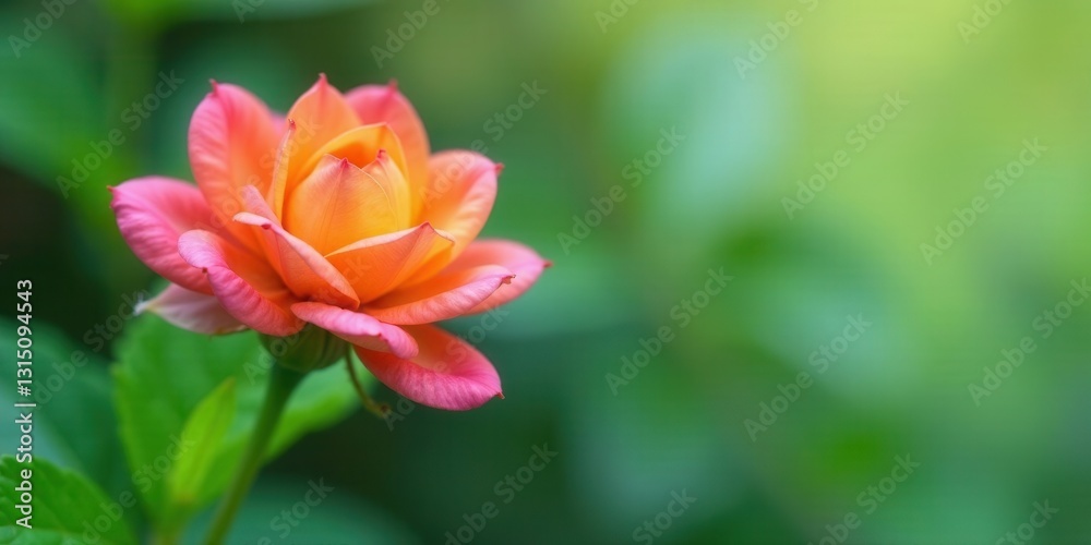 A single vibrant peach and pink rose blossom gracefully emerges from lush green foliage, a delicate spectacle of nature's artistry A single vibrant peach and pink rose blossom gracefully emerges from lush green foliage, a delicate spectacle of nature's artistry
