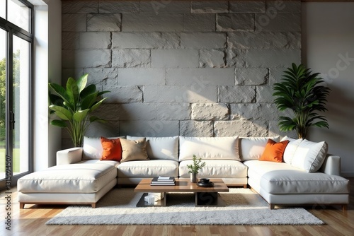 Modern Sectional Sofa in a Sunlit Living Room with Stone Wall Accent and Lush Greenery