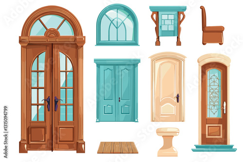 Set of different entrance doors to a house or building in a flat style. Isolated vector illustration for design and decoration.