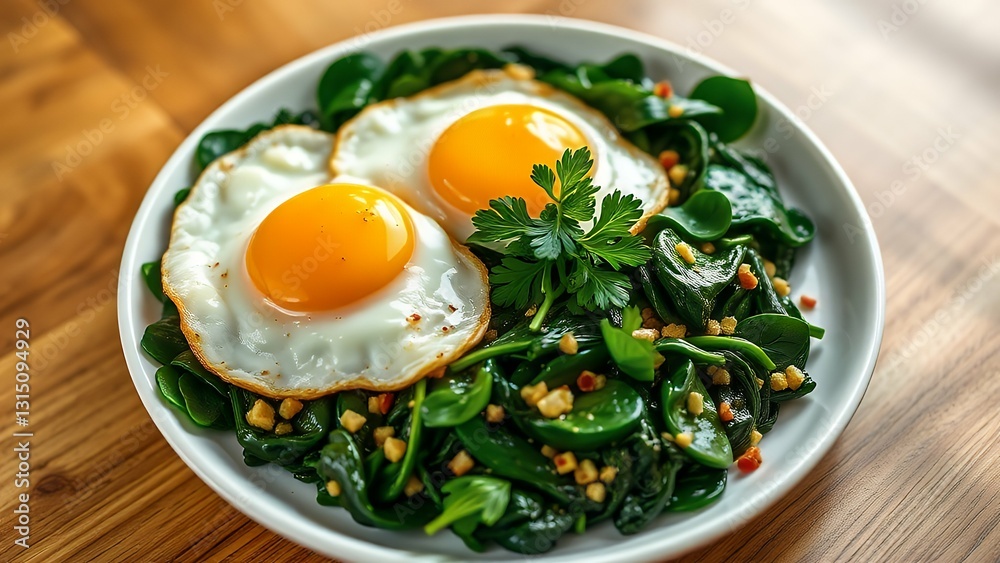 Spinach with Fried Eggs Healthy Quick Meal breakfast. lunch Close-up of spinach topped with four perfectly fried eggs. A simple, healthy Spinach with Fried Eggs Healthy Quick Meal breakfast. lunch Close-up of spinach topped with four perfectly fried eggs. A simple, healthy