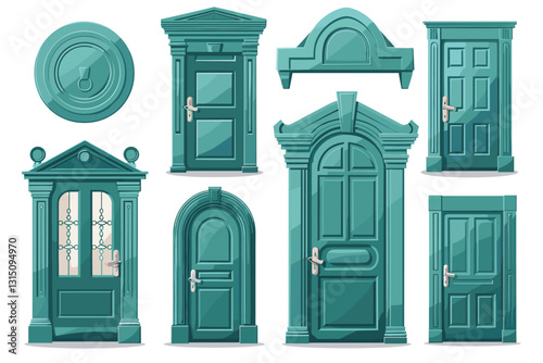 Set of different entrance doors to a house or building in a flat style. Isolated vector illustration for design and decoration.