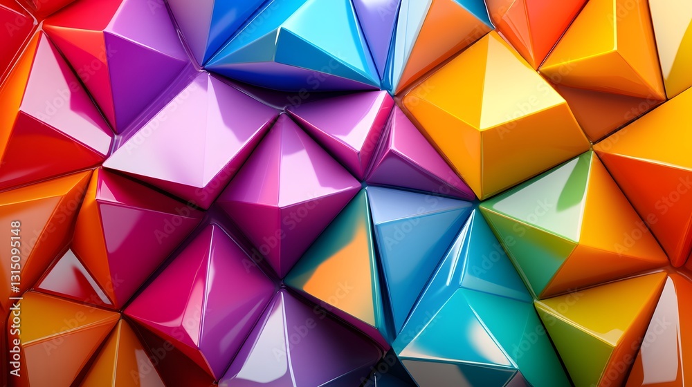 Vibrant Geometric Abstract: An explosion of color and dynamic shapes! This abstract artwork features an intricate arrangement of colorful triangles, each glistening with a glossy finish. Vibrant Geometric Abstract: An explosion of color and dynamic shapes! This abstract artwork features an intricate arrangement of colorful triangles, each glistening with a glossy finish.