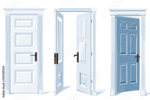 Set of different entrance doors to a house or building in a flat style. Isolated vector illustration for design and decoration.