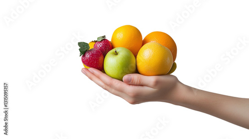 Fototapeta Naklejka Na Ścianę i Meble -  Hand holding various fresh fruits isolated, showcasing organic, healthy, and natural diet, perfect for summer snacks or vegetarian nutrition visuals.