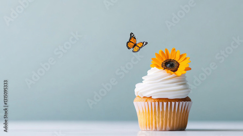 A beautifully decorated cupcake featuring a sunflower, perfect for dessert and baking illustrations.