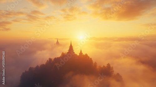 Pagoda on misty hilltop with rising sun behind