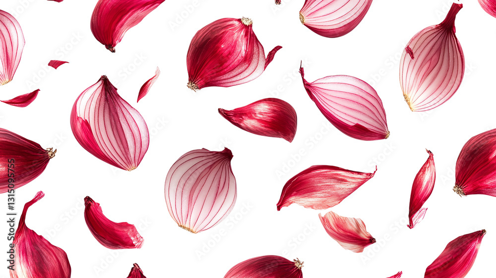Onion pattern isolated on transparent background, depicting sliced red onions in flying motion, symbolizing the freshness of organic vegetables and plant-based ingredients. Onion pattern isolated on transparent background, depicting sliced red onions in flying motion, symbolizing the freshness of organic vegetables and plant-based ingredients.