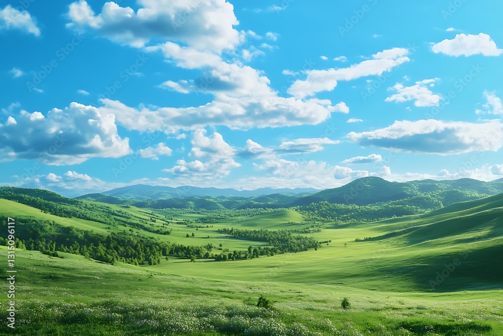 A serene landscape featuring rolling green hills under a bright blue sky with fluffy clouds. A serene landscape featuring rolling green hills under a bright blue sky with fluffy clouds.