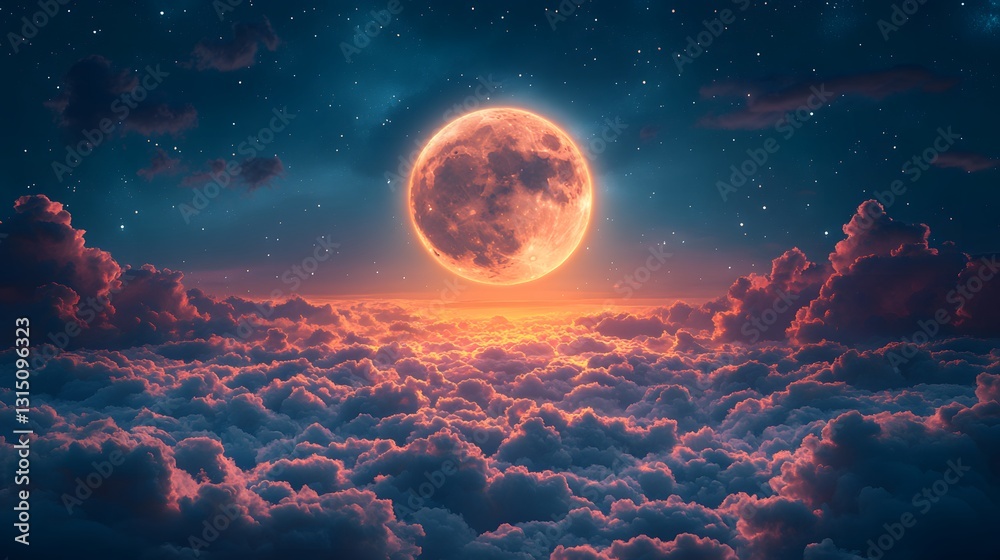 Fototapeta premium Enchanted Night Sky: A Canvas of Soft Pastel Colors and Luminous Clouds Underneath a Dreamy Moon