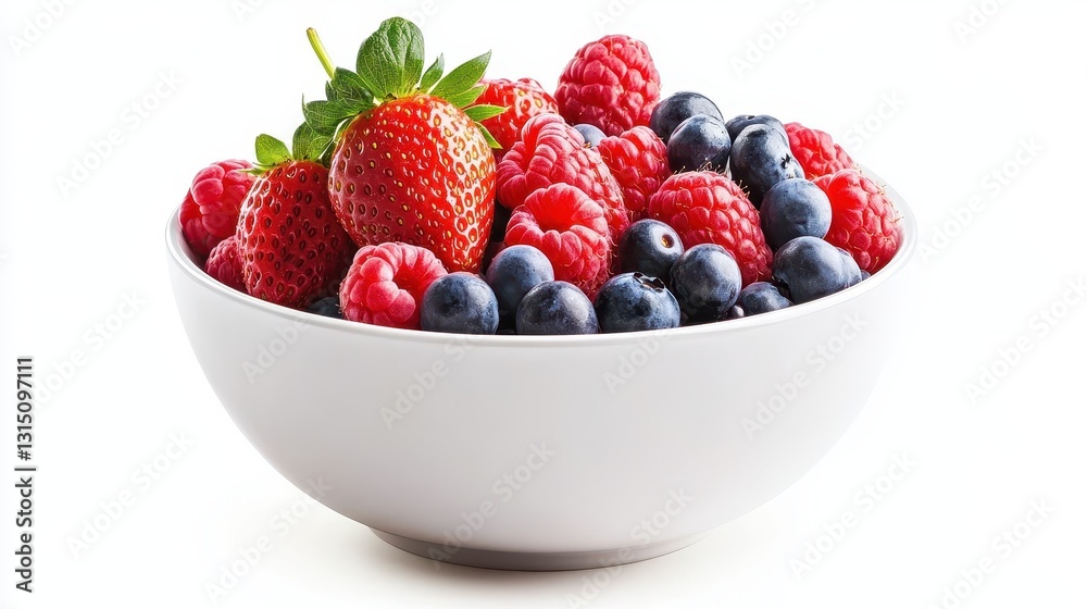 A fresh bowl of mixed berries with strawberries, raspberries, and blueberries on a white isolated background A fresh bowl of mixed berries with strawberries, raspberries, and blueberries on a white isolated background