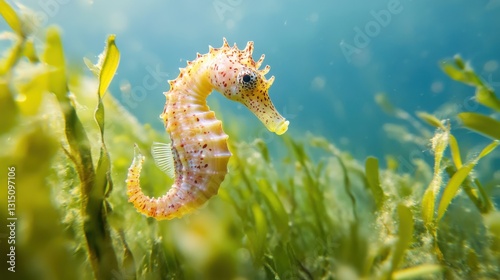 Small seahorse in kelp forest photo