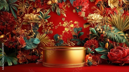 Elegant Golden Display with Vibrant Floral Decoration Background
