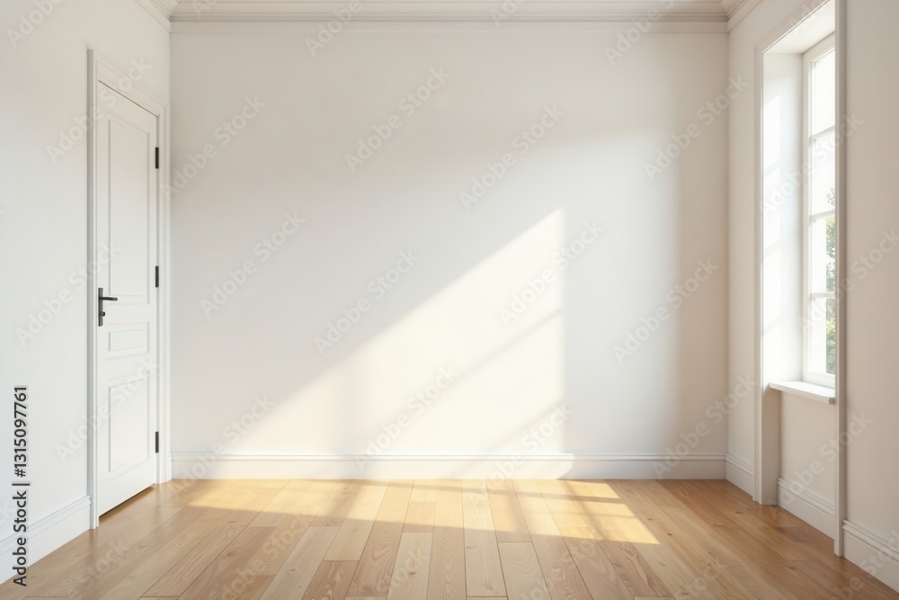 Sunlit Empty Room with Hardwood Floor and White Walls, Ready for Interior Design Sunlit Empty Room with Hardwood Floor and White Walls, Ready for Interior Design