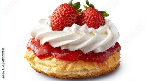 A fresh strawberry shortcake with whipped cream on a white isolated background photo