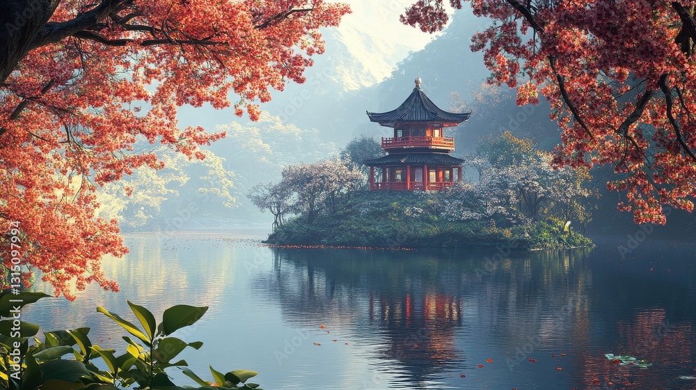Obraz premium Pagoda perched above river framed by sakura blossom