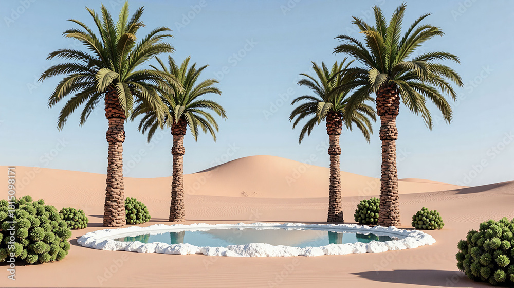 Fototapeta premium A pool with palm trees in the background. The pool is surrounded by a sandy area. The palm trees are tall and green. The sky is blue and clear
