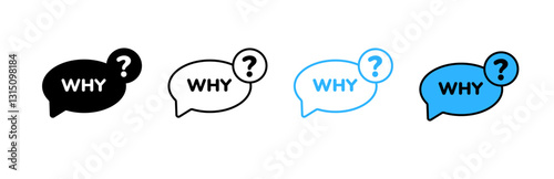 Four speech bubbles in different styles feature the word why and a bold question mark.