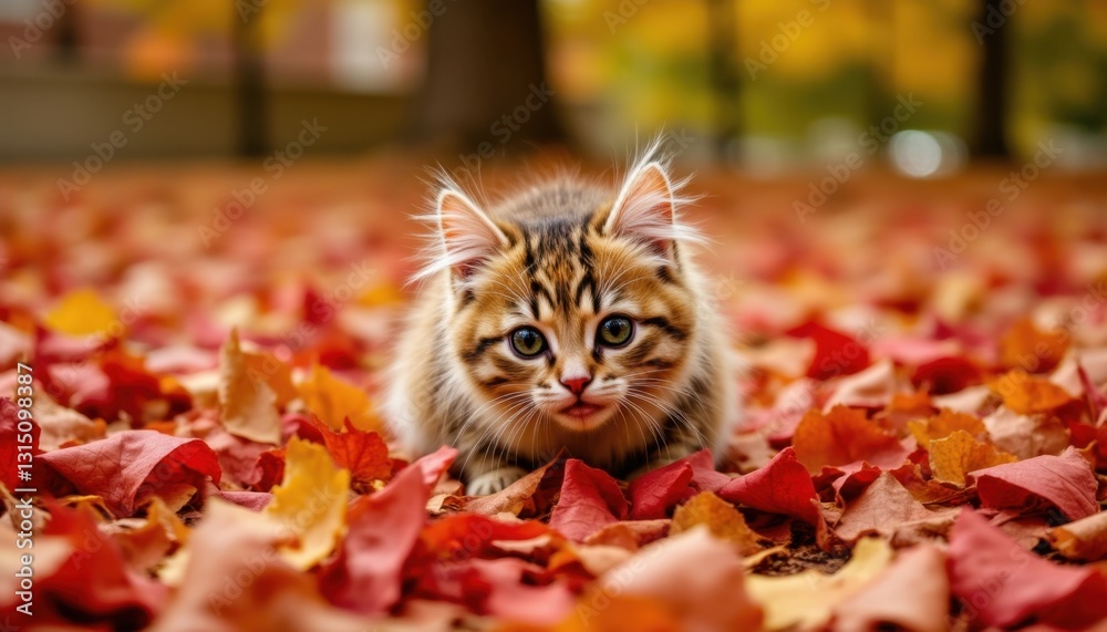 Fototapeta premium A mischievous feline frolics in a pile of red, orange, and yellow leaves on a warm autumn afternoon, the vibrant foliage providing a striking backdrop for its playful antics.
