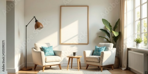Relaxing Living Room with Two Armchairs, Wooden Coffee Table, and Large Framed Artwork