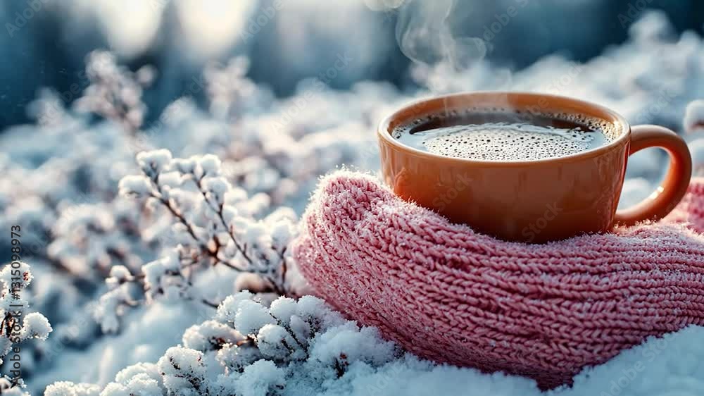 Warm winter drink in snowy forest Warm winter drink in snowy forest