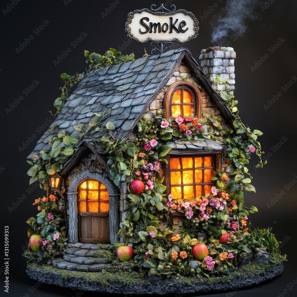 Fototapeta premium Charming miniature cottage with smoke, vines, flowers, and apples.