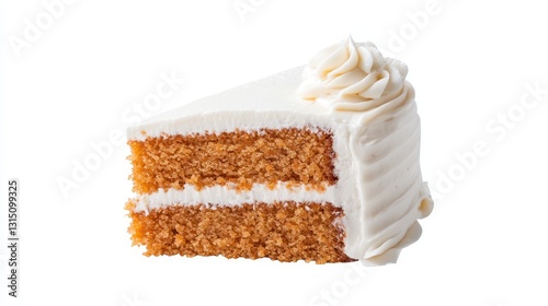 A delicious slice of carrot cake with cream cheese frosting on a white isolated background