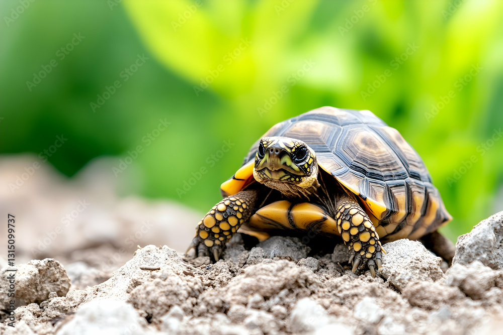 Obraz premium Small, patterned turtle on dirt, facing forward. Green bokeh background