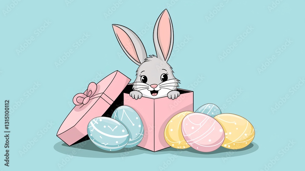 A playful gray bunny sits in a decorated gift box, curiously looking out at the viewer. Surrounding the box are various pastel-colored Easter eggs, creating a cheerful atmosphere. A playful gray bunny sits in a decorated gift box, curiously looking out at the viewer. Surrounding the box are various pastel-colored Easter eggs, creating a cheerful atmosphere.
