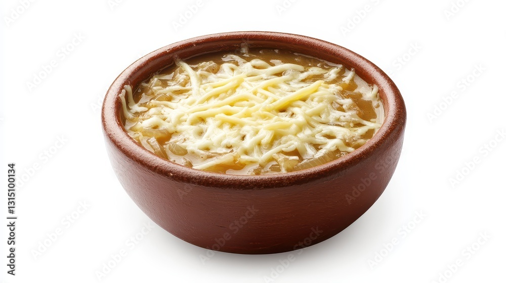 A warm bowl of French onion soup with melted cheese on top on a white isolated background A warm bowl of French onion soup with melted cheese on top on a white isolated background