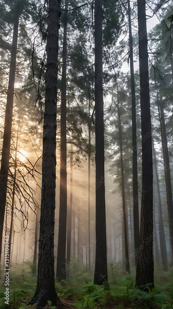 A misty forest at dawn, with tall pine trees and soft light filtering through the morning fog.
A misty forest at dawn, with tall pine trees and soft light filtering through the morning fog.