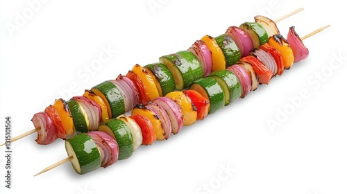 A freshly grilled vegetable skewer with peppers, onions, and zucchini on a white isolated background