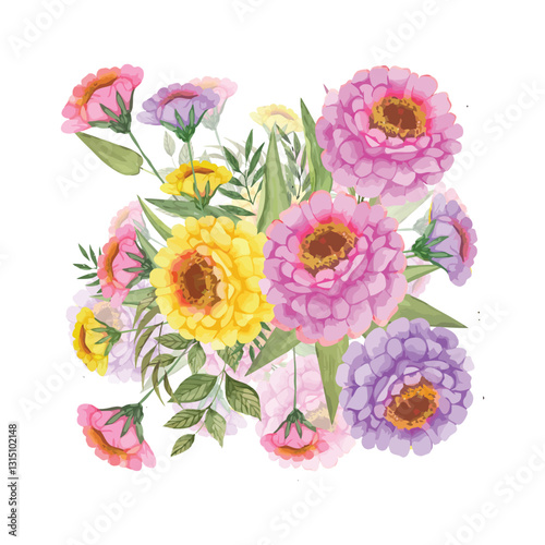 Watercolor handmade vector Zinnias flowers bouquet